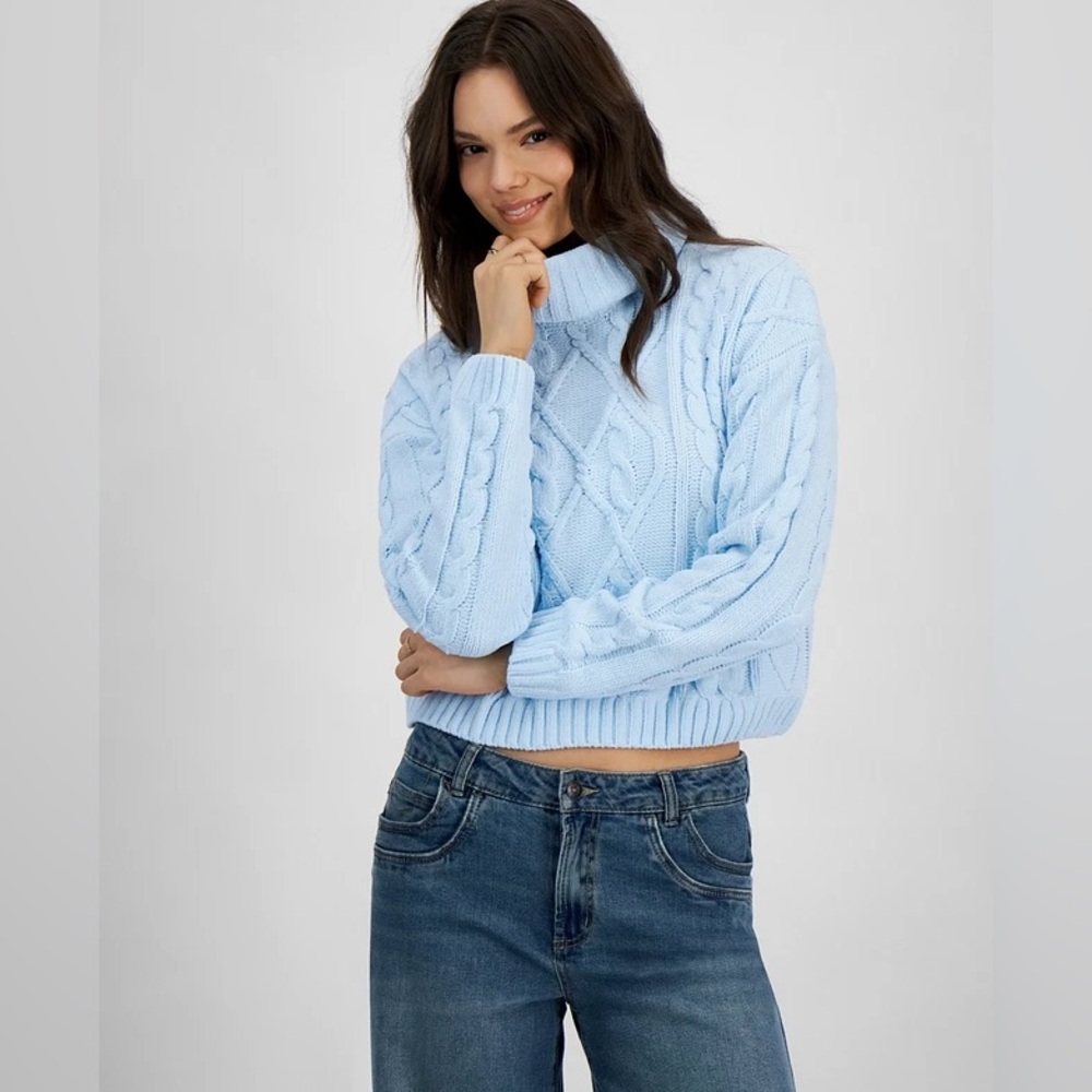 Hippie Rose Nantucket Breeze Blue Open Cable Knit Turtleneck Sweater Crop Top